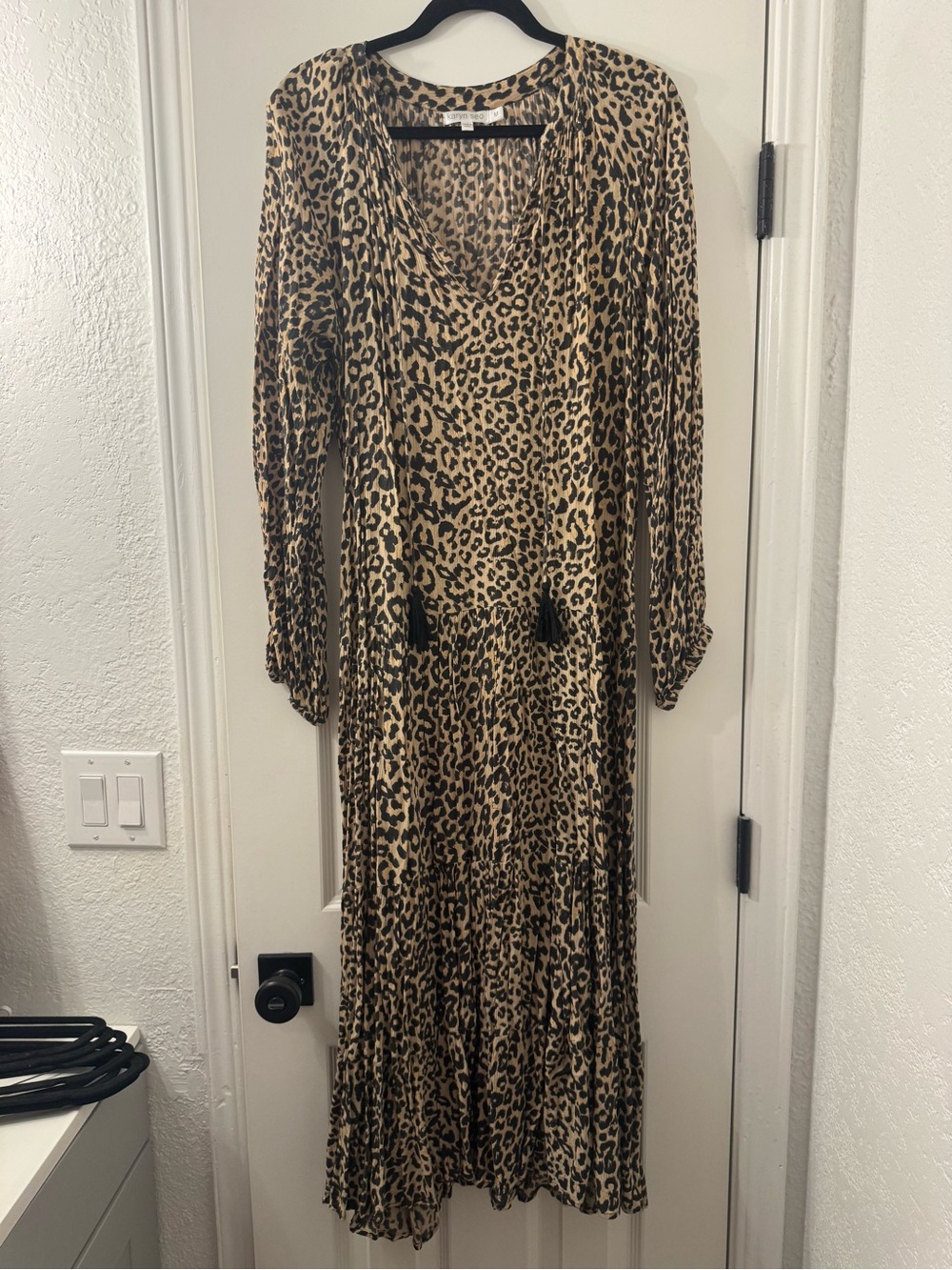Leopard Print Maxi Dress with Tassel V-Neck - Tan & Black